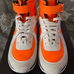 Like New! Chanel Hi-Top Women’s Trainers Size 39. Neon Orange, White, and Black